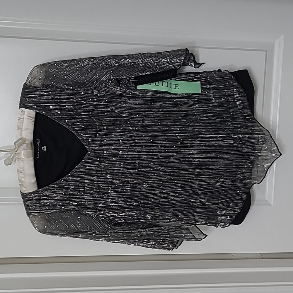 Sara Michelle petite top. Silver sparkle, sheer layered on top of back tank top